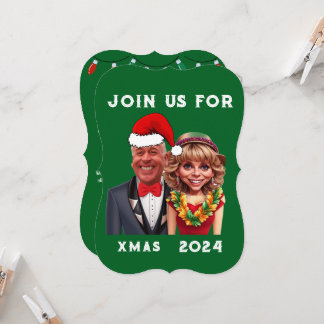 Funny Green and red Xmas Caricature couple Invitation