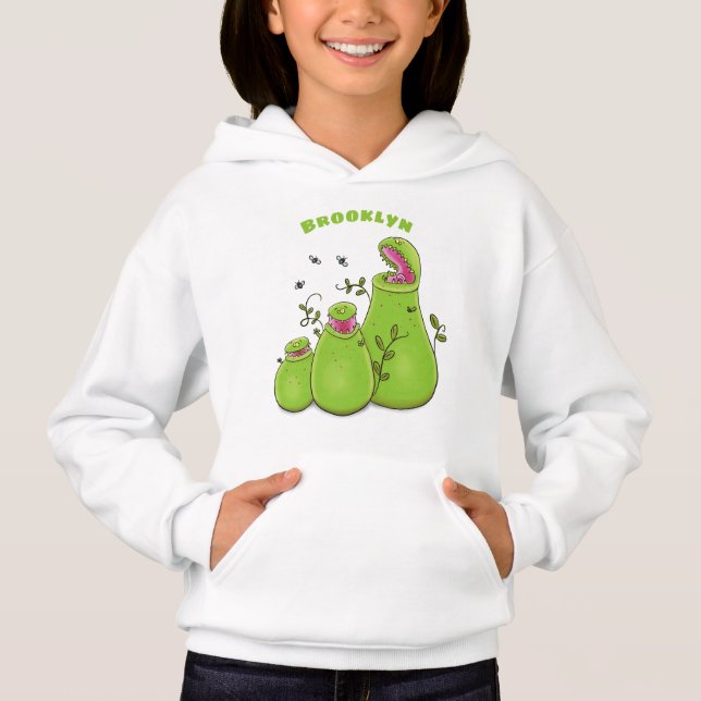 Funny green carnivorous pitcher plants cartoon (Front)