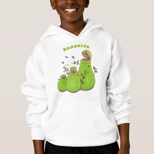 Funny green carnivorous pitcher plants cartoon (Front)