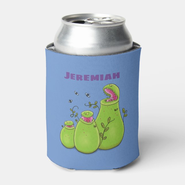 Funny green carnivorous pitcher plants cartoon can cooler (Can Front)