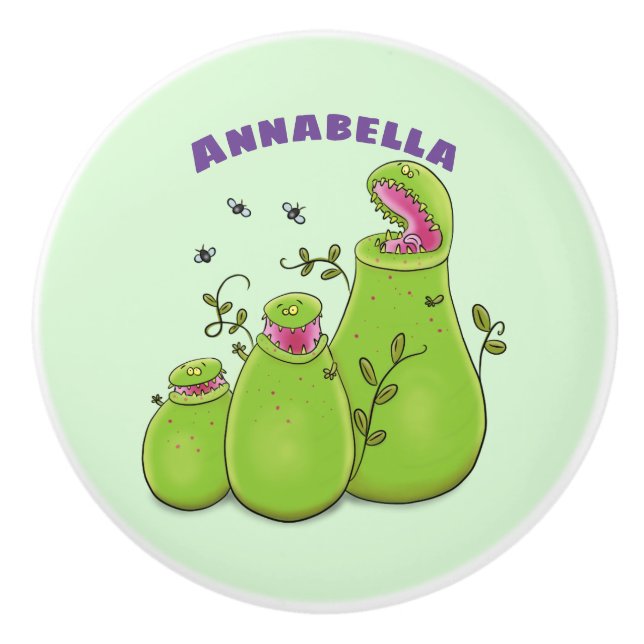 Funny green carnivorous pitcher plants cartoon ceramic knob (Front)