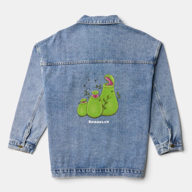 Funny green carnivorous pitcher plants cartoon denim jacket (Back)