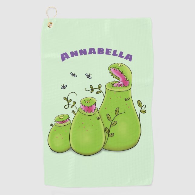 Funny green carnivorous pitcher plants cartoon  golf towel (Front)