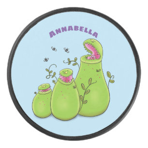 Funny green carnivorous pitcher plants cartoon hockey puck