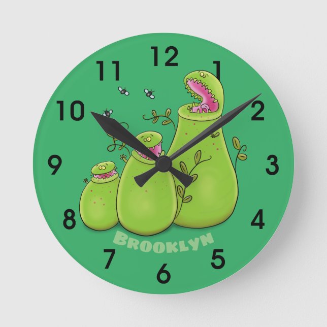 Funny green carnivorous pitcher plants cartoon rou round clock (Front)