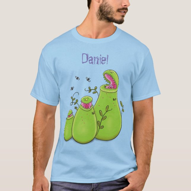 Funny green carnivorous pitcher plants cartoon T-Shirt (Front)