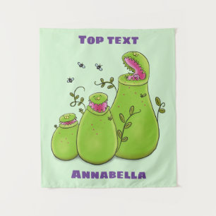 Funny green carnivorous pitcher plants cartoon tapestry