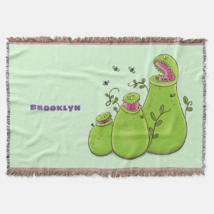 Funny green carnivorous pitcher plants cartoon throw blanket