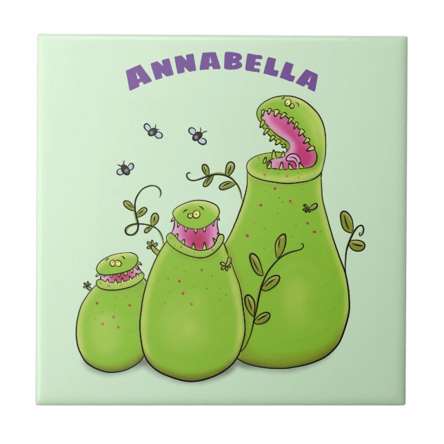 Funny green carnivorous pitcher plants cartoon tile (Front)