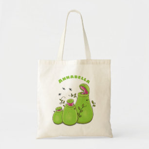 Funny green carnivorous pitcher plants cartoon tote bag