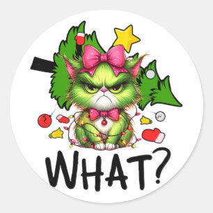 Funny Green Cat Christmas Tree Merry Xmas Humor Ca Classic Round Sticker