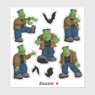 Funny Green Frankenstein Monster Cartoon & Bats
