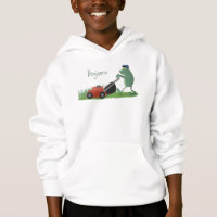 Funny green frog mowing lawn cartoon