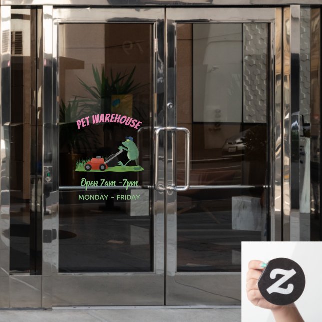 Funny green frog mowing lawn cartoon (Office Door)