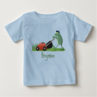 Funny green frog mowing lawn cartoon