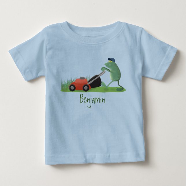 Funny green frog mowing lawn cartoon baby T-Shirt (Front)