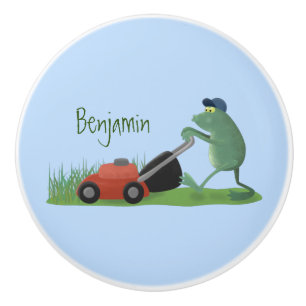 Funny green frog mowing lawn cartoon ceramic knob
