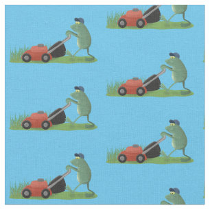 Funny green frog mowing lawn cartoon fabric