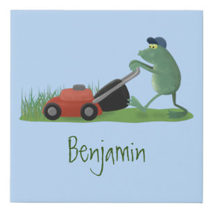 Funny green frog mowing lawn cartoon faux canvas print