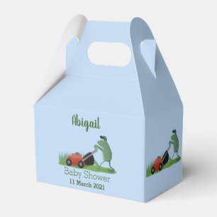 Funny green frog mowing lawn cartoon favour box