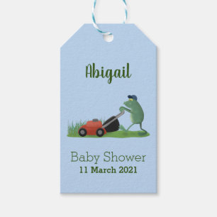Funny green frog mowing lawn cartoon  gift tags