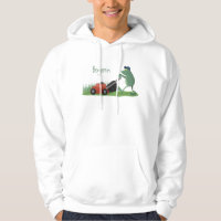 Funny green frog mowing lawn cartoon