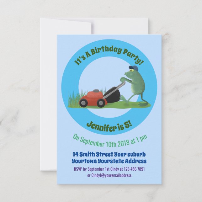 Funny green frog mowing lawn cartoon invitation (Front)
