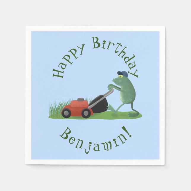 Funny green frog mowing lawn cartoon napkin (Front)