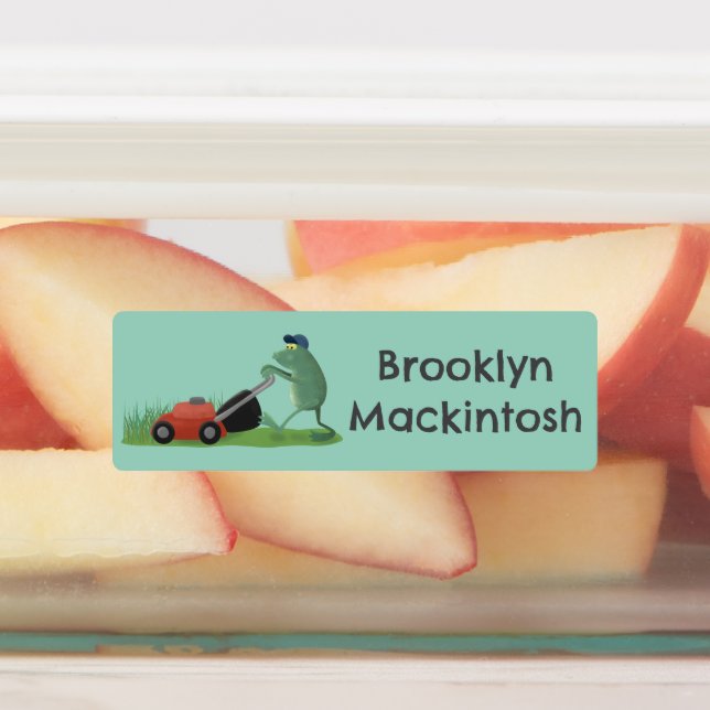 Funny green frog mowing lawn cartoon personalised (Affixed)