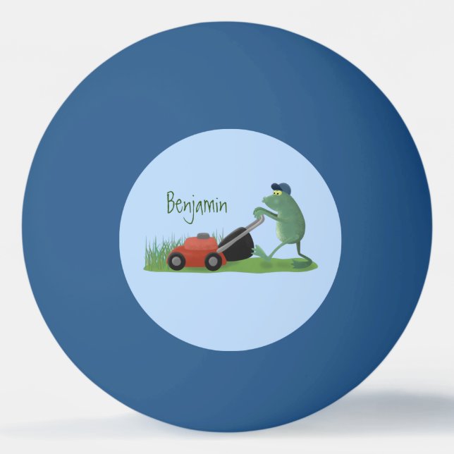 Funny green frog mowing lawn cartoon ping pong ball (Front)
