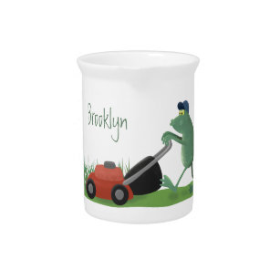 Funny green frog mowing lawn cartoon pitcher