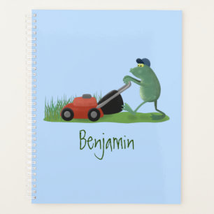 Funny green frog mowing lawn cartoon planner