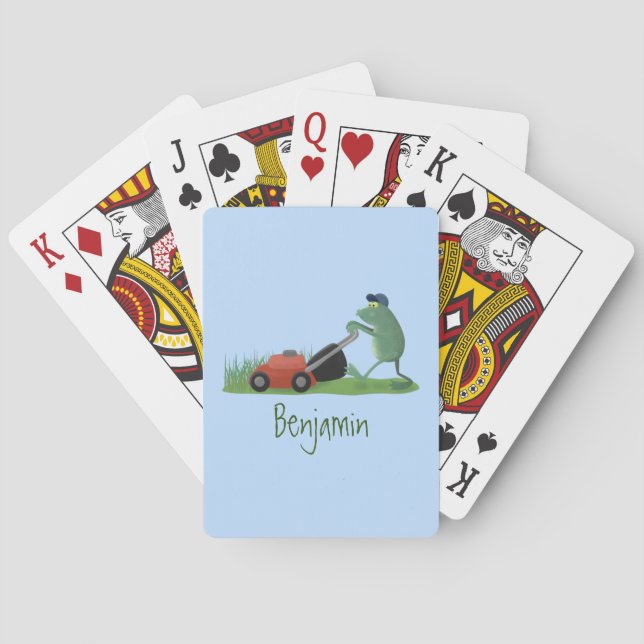 Funny green frog mowing lawn cartoon playing cards (Back)