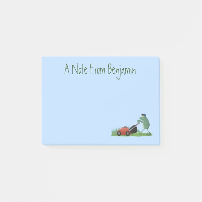 Funny green frog mowing lawn cartoon post-it notes (Front)