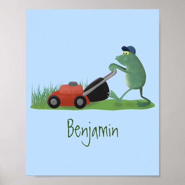Funny green frog mowing lawn cartoon poster (Front)