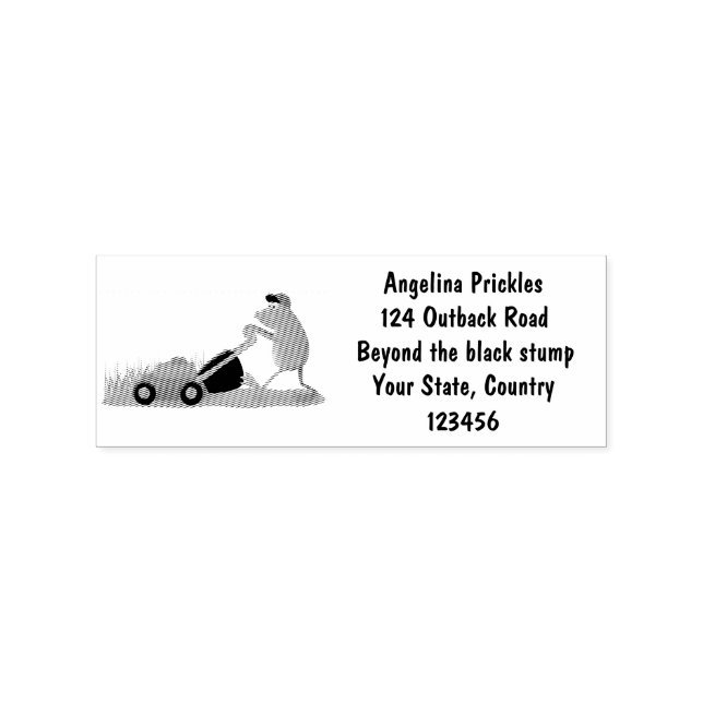 Funny green frog mowing lawn cartoon rubber stamp (Imprint)