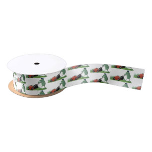 Funny green frog mowing lawn cartoon satin ribbon