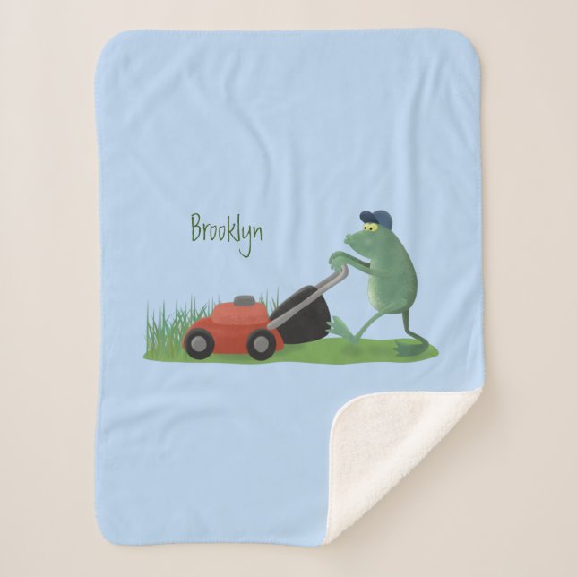 Funny green frog mowing lawn cartoon  sherpa blanket (Front)