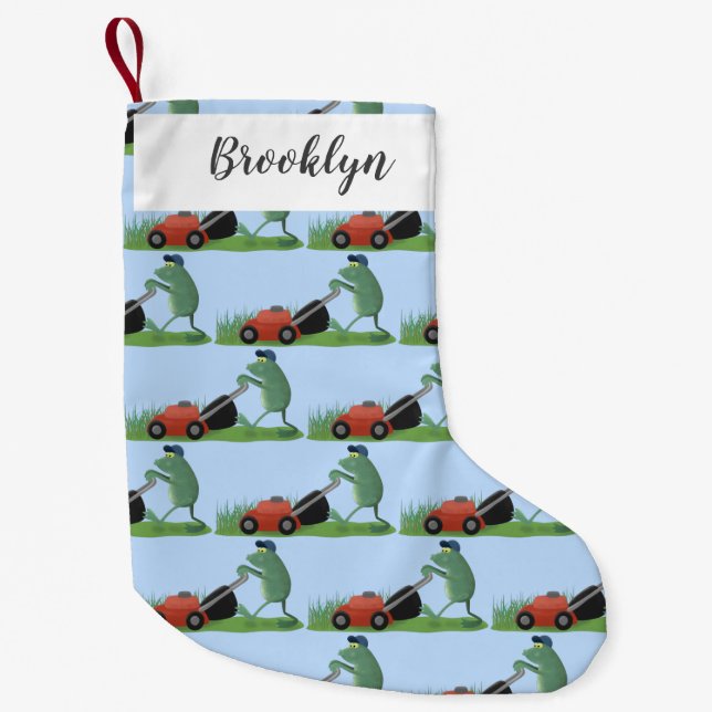 Funny green frog mowing lawn cartoon small christmas stocking (Front)