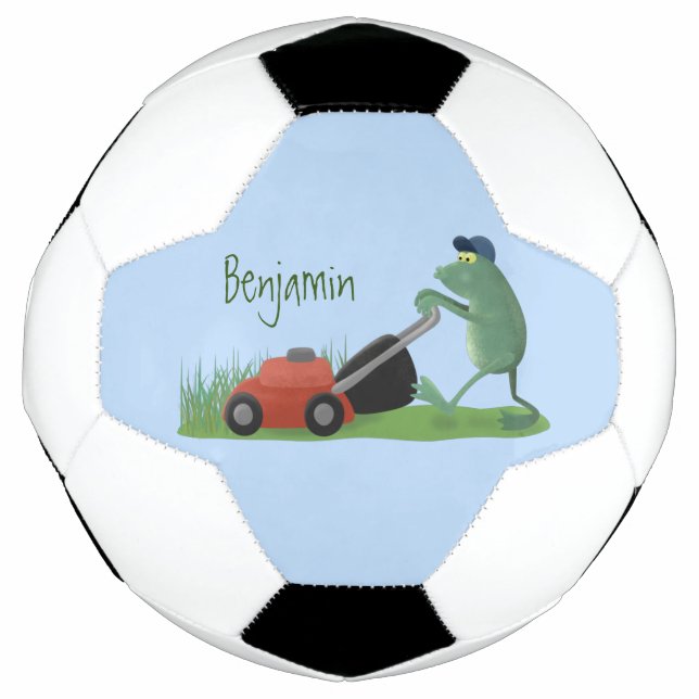 Funny green frog mowing lawn cartoon soccer ball (Front)