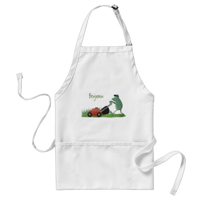 Funny green frog mowing lawn cartoon standard apron (Front)