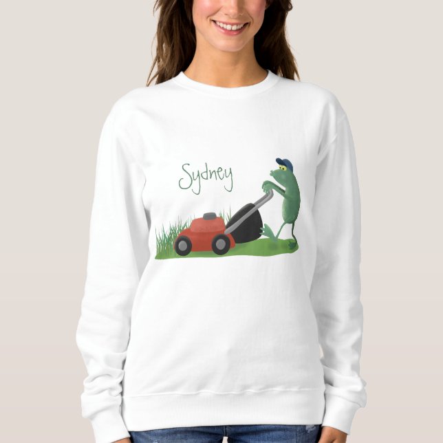 Funny green frog mowing lawn cartoon sweatshirt (Front)