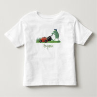 Funny green frog mowing lawn cartoon