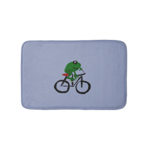 Funny Green Frog Riding a Bicycle Bath Mat
