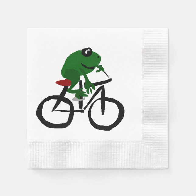 Funny Green Frog Riding a Bicycle Napkin (Front)