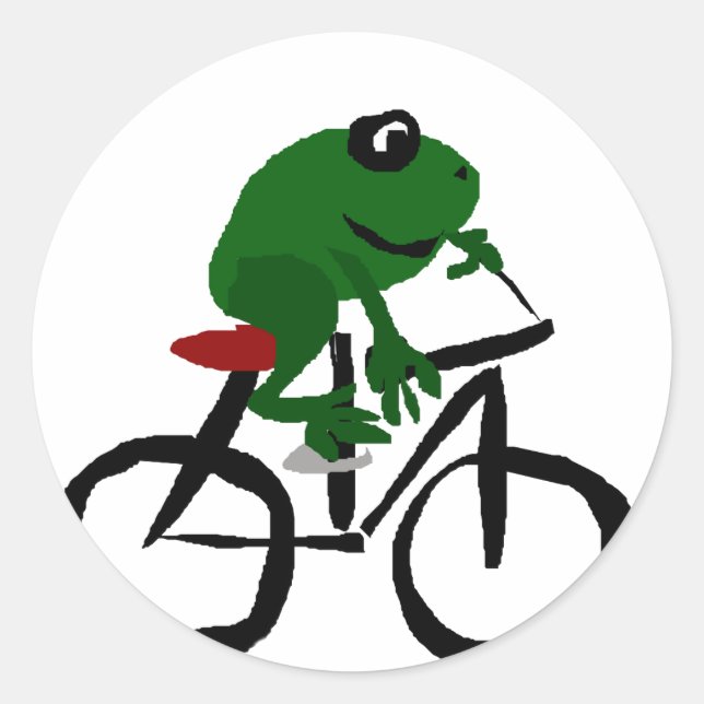 Funny Green Frog Riding Bicycle Classic Round Sticker (Front)
