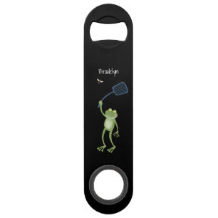 Funny green frog swatting fly cartoon