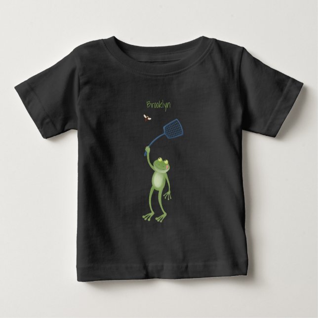 Funny green frog swatting fly cartoon baby T-Shirt (Front)