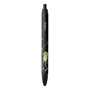 Funny green frog swatting fly cartoon  black ink pen