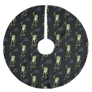 Funny green frog swatting fly cartoon brushed polyester tree skirt